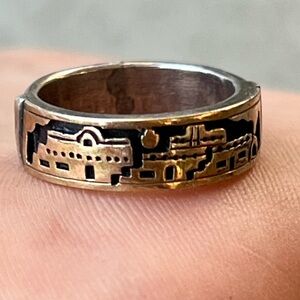 M.M. Rogers Sterling Silver 14 K Gold Vintage Navajo Storyteller Band Ring, Sz 6